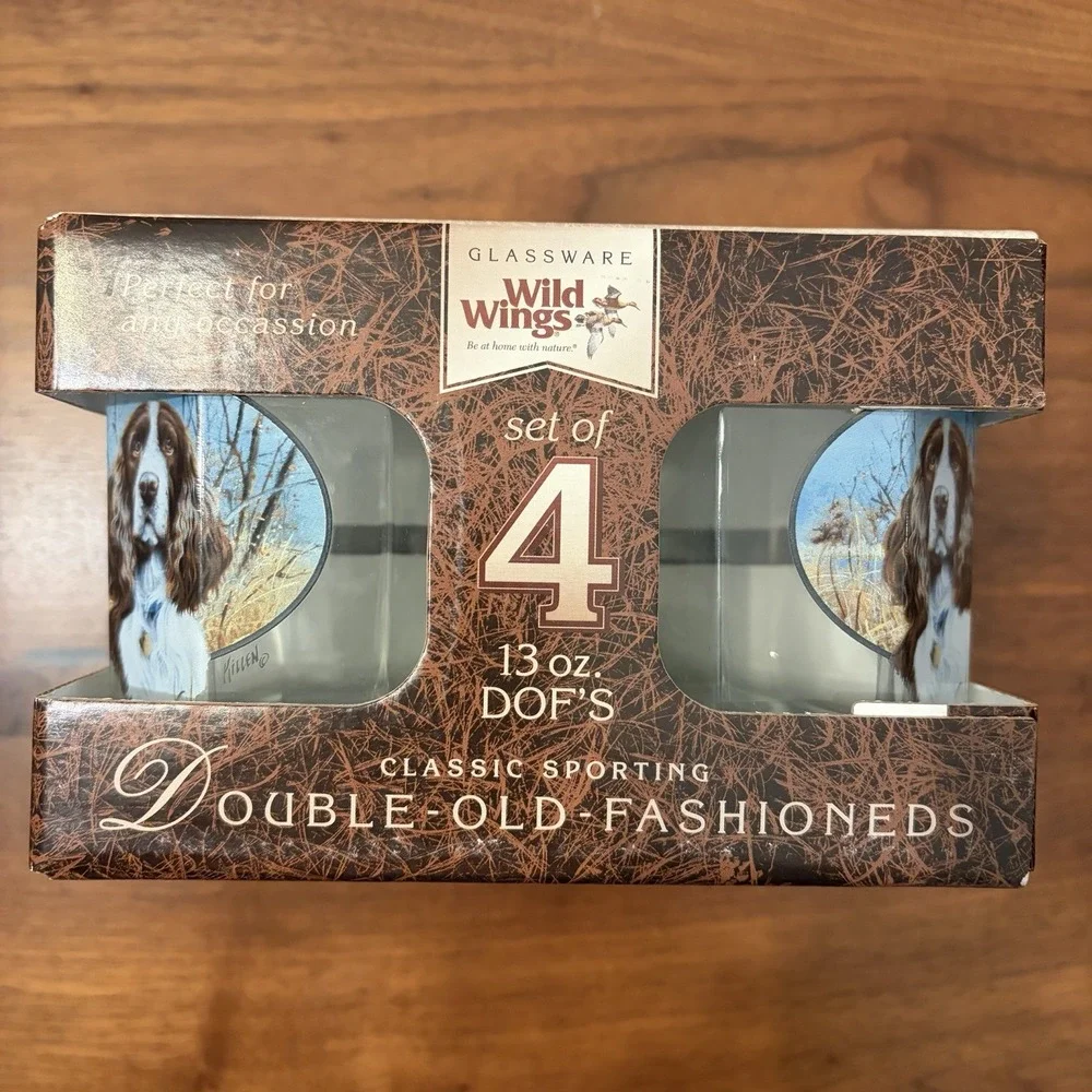 Wild Wings Hunting Dog Double Old-Fashioned Glasses Set 4 Springer Spaniel 13oz